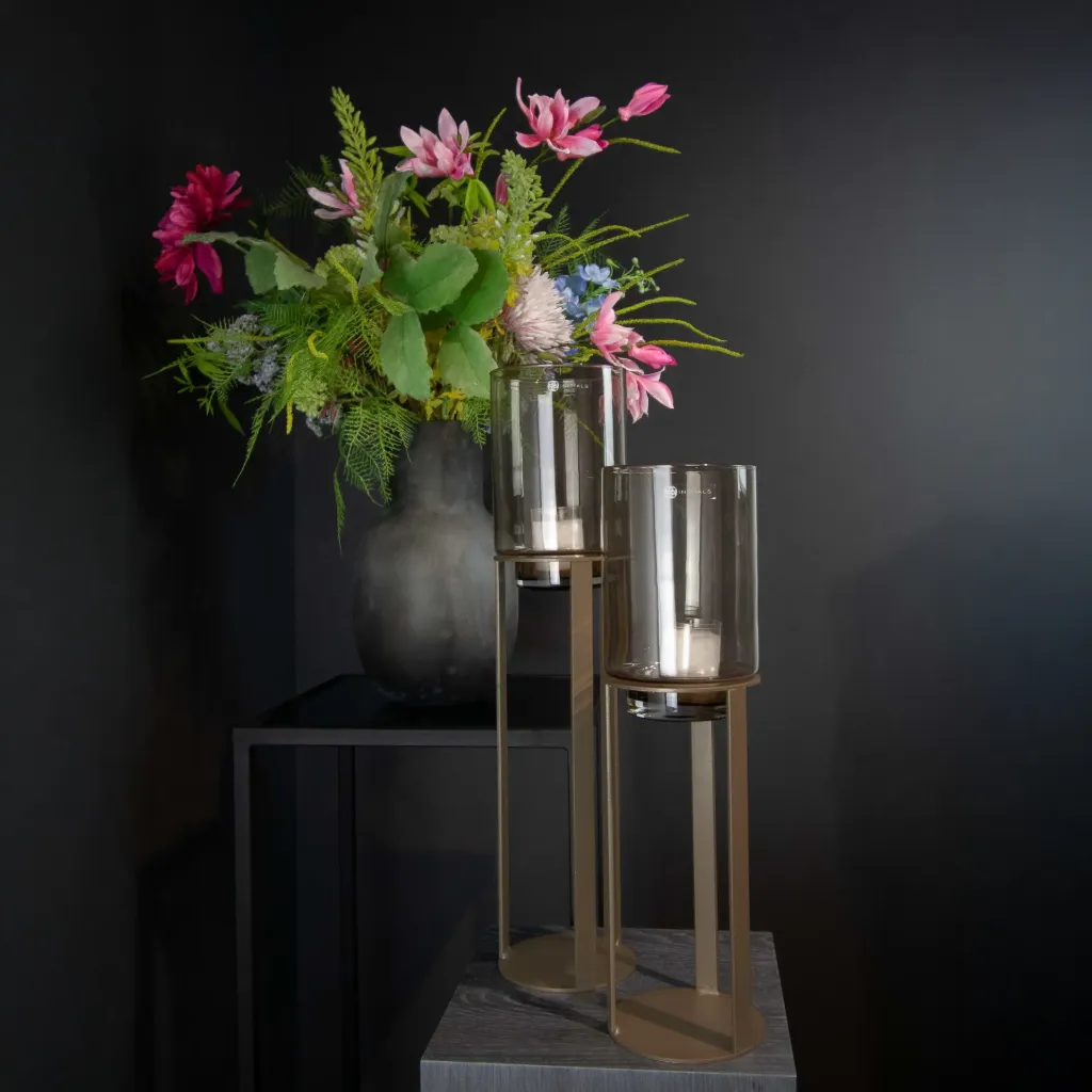 Sokkel Metaal Rond Metallic Bruin incl. windlicht Topaz glas